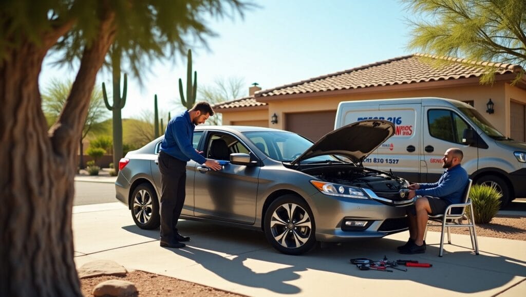 A scene showing a mobile mechanic in Tucson working on a car parked in a sunny, suburban driveway. The mechanic, a skilled and friendly professional, is diagnosing and repairing the vehicle with high-tech tools and equipment.