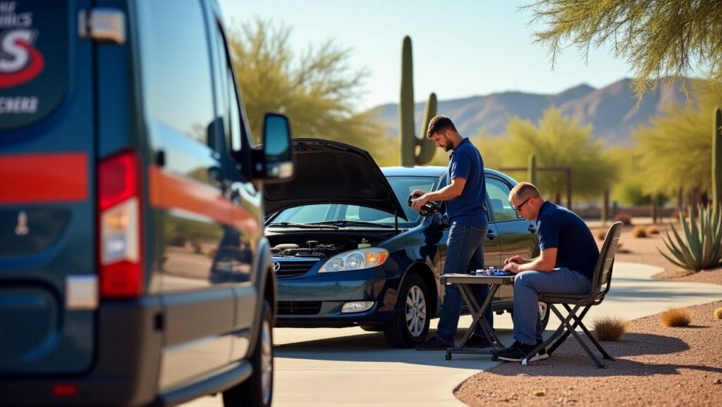 The mechanic’s service van is parked nearby, with the logo "Mobile Mechanic Pros of Tucson" visible. In the background, the iconic desert landscape of Tucson is visible, with saguaros and dry terrain. The mechanic is working on the car’s engine while the car owner relaxes nearby, enjoying the convenience of not having to wait at a traditional shop.