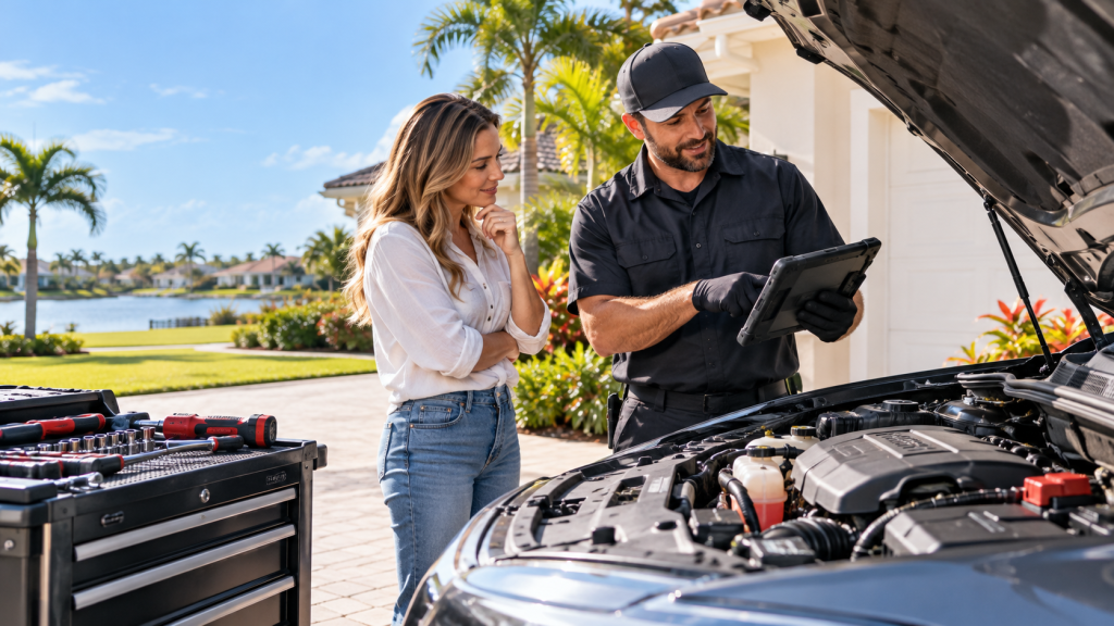 Friendly Mobile Mechanic Diagnosing Car